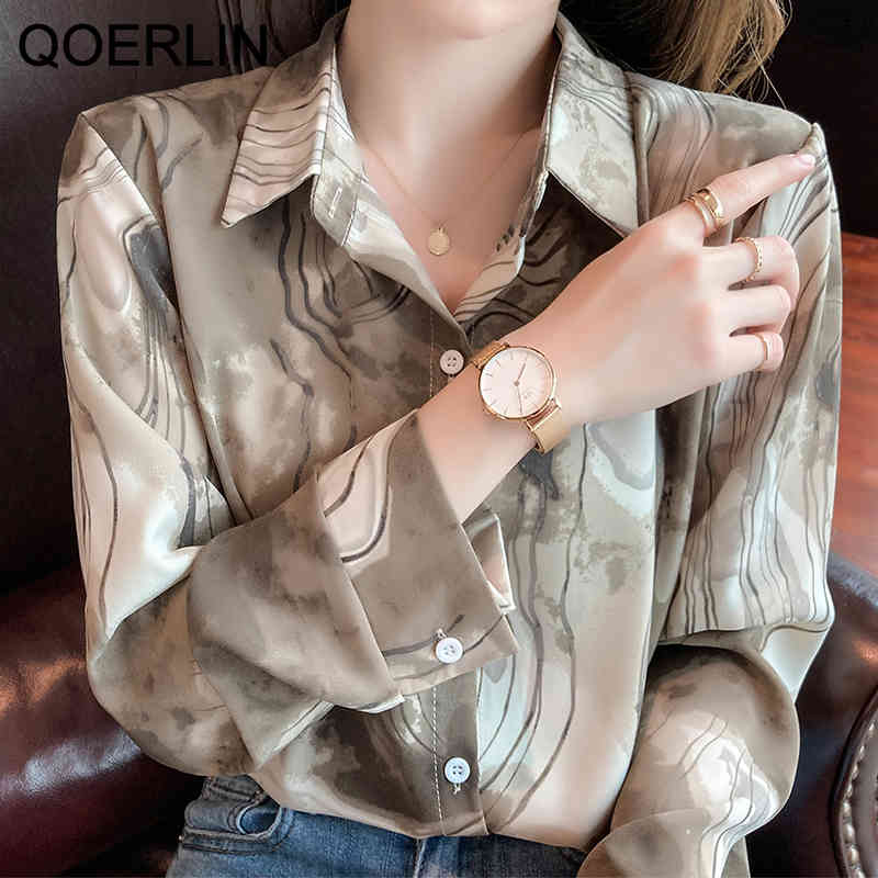 QOELRIN Vintage Ink Print Button Blouses Women Single Breasted Casual Chiffon Top Spring Korean Fashion Elegant Shirts 210412
