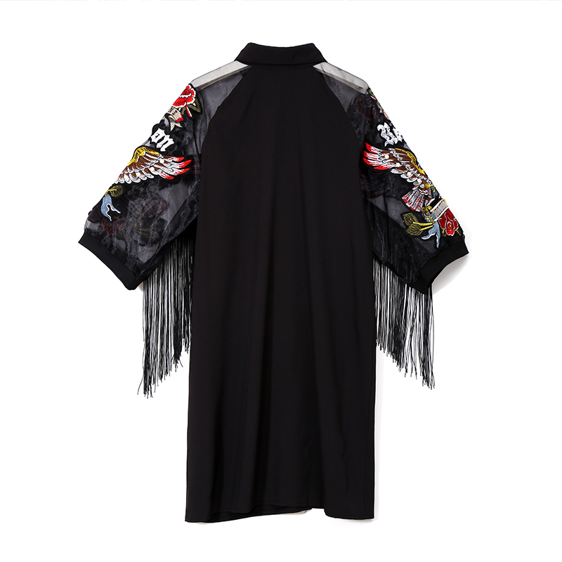 New Woman Plus Size Black Casual Shirt Dress 3/4 Mesh Sleeves Eagle Embroidery Fringe Ladies Midi Straight Party Dress Robe 3398 210409
