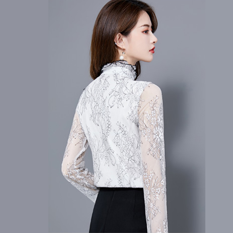 Autumn Fashion Long Sleeve Stand-Collar Lace Woman's Blouses All-match White Slim Shirt See Through Ol Style 10766 210518