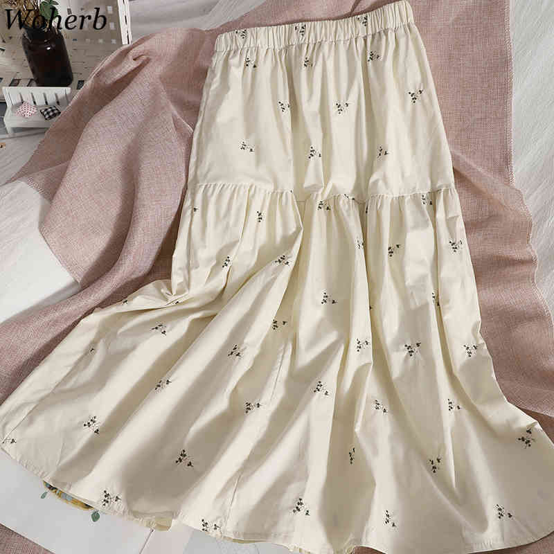 Embroidery Floral Long Pleated Skirt Women Fashion Summer A Line High Waist Maxi Female Aesthetic 210519