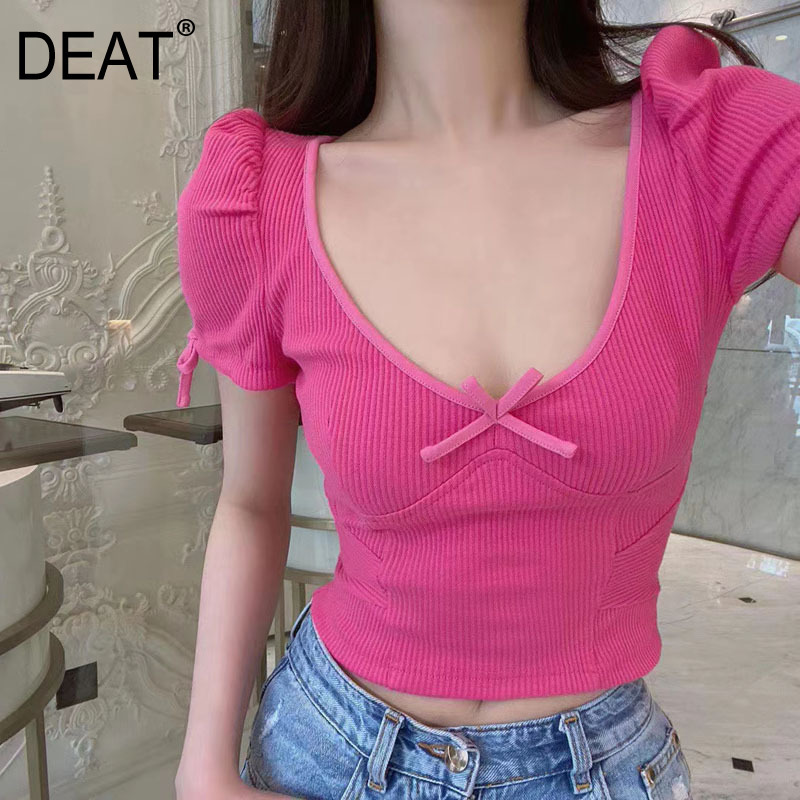 Deep V-neck High Waist Short Sleeved T-shirt Women Bow Tie Bubble Sleeve Top Sexy Style Y2k Summer GX762 210421, Pink
Deep V-neck High Waist Short Sleeved T-shirt Women Bow Tie Bubble Sleeve Top Sexy Style Y2k Summer GX762 210421, Pink