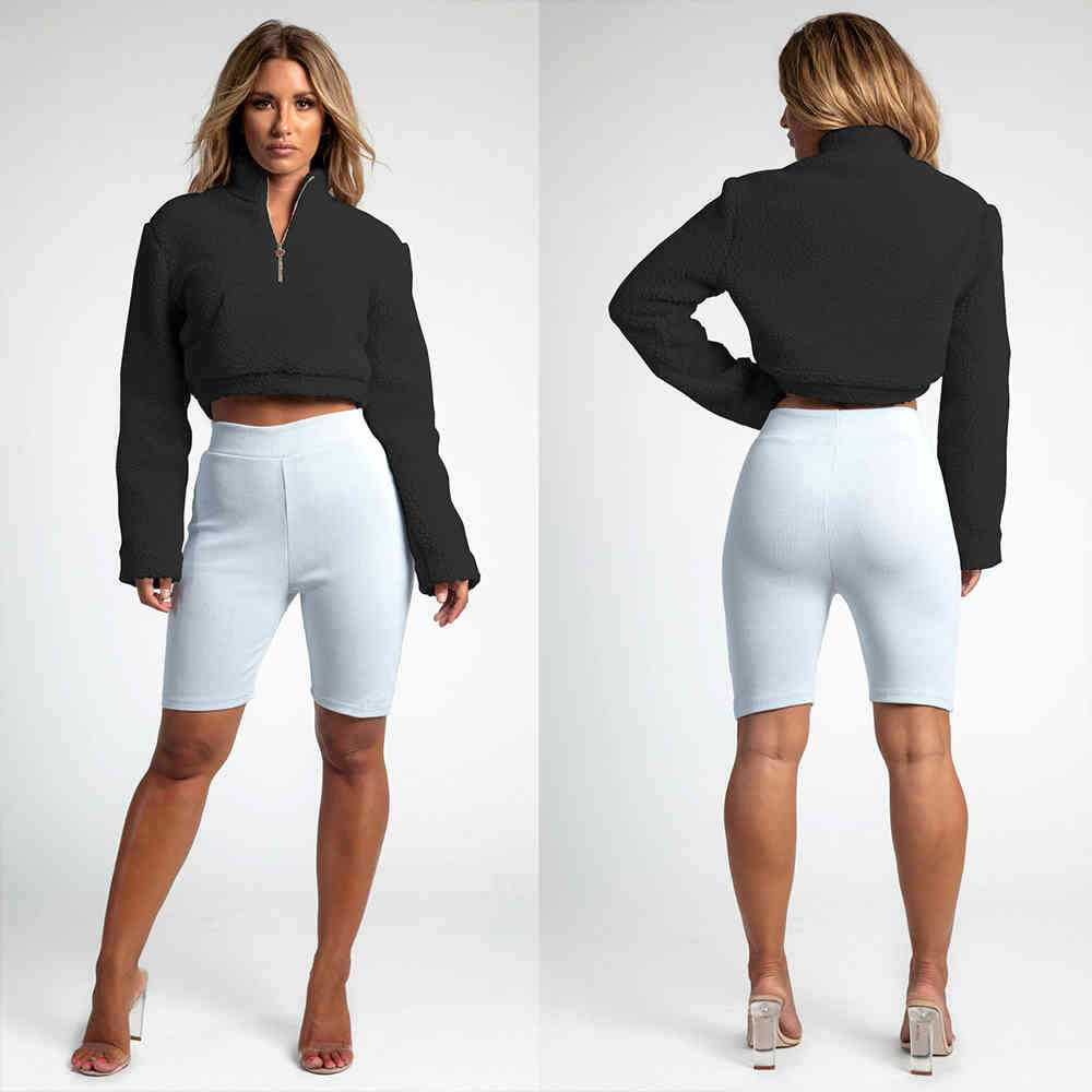 Autumn Winter Long Sleeve Crop Tops Vintage Fleece Zipper Turtleneck Hoodies Fashionable Sweatshirt Casual Short coat 210428