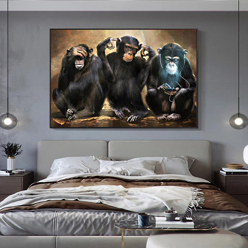 Animal Wall Art Painting Posters and Prints of Three Funny Monkeys Art Pictures Print Canvas for Living Room Home Decoration