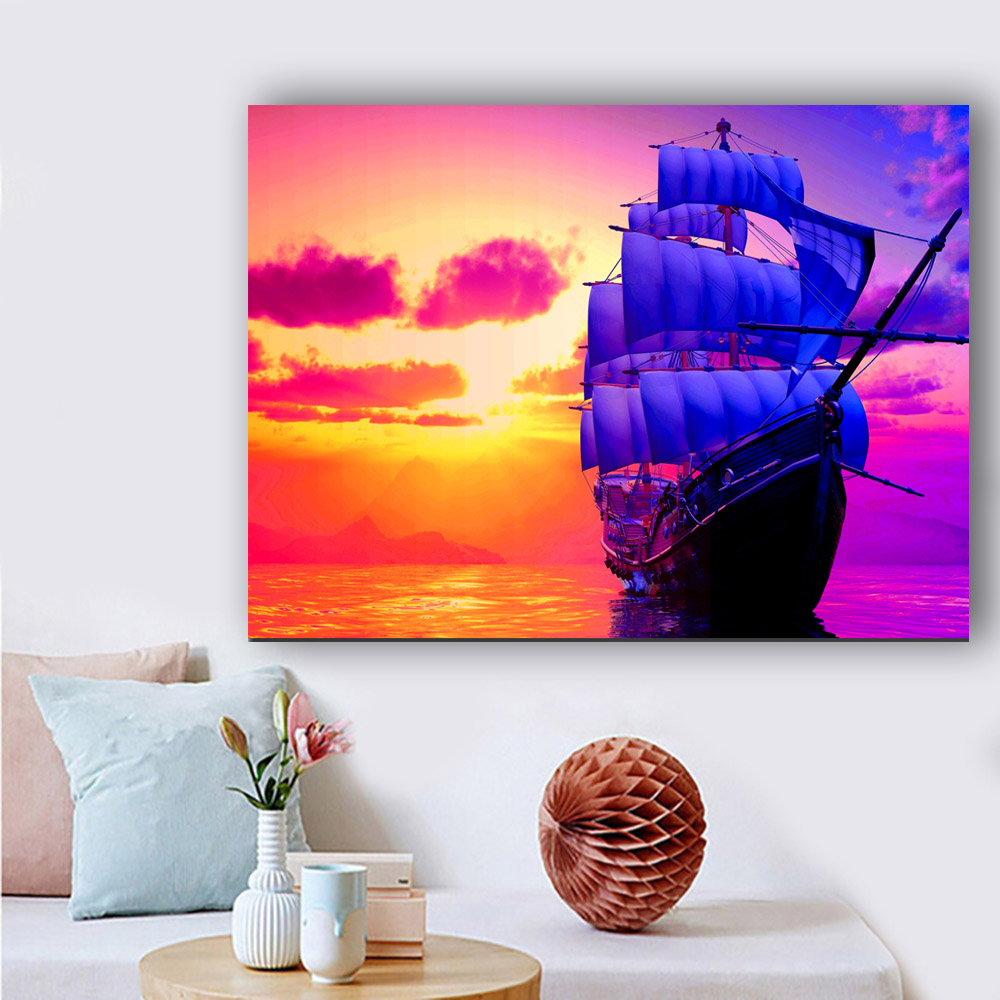 Modern Wall Art Canvas Painting Sunrise Colorful Sky Clouds Boat Pictures Seascape Poster For Living Room Home Decor No Frame