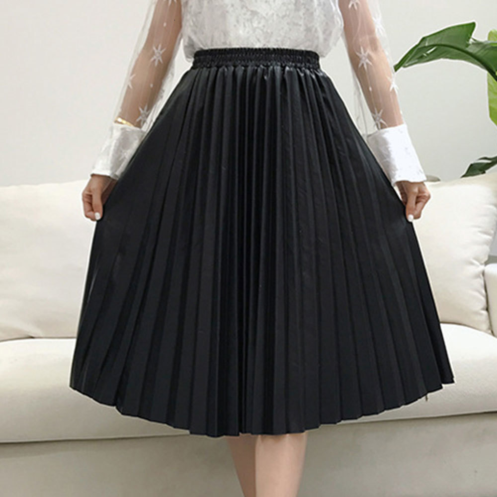 Women Autumn PU Leather Pleated Skirt Elastic High Waist All-match Female Skirts Streetwear Chic Womens Bottoms 210428