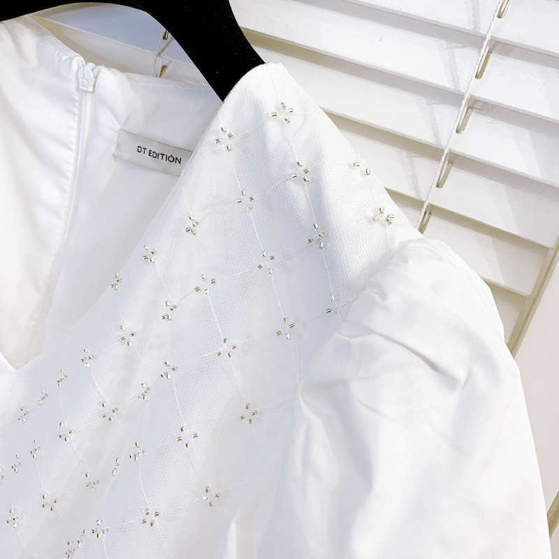 DEAT Women Black Beaded Dress V-Neck Short Puff Sleeve Arrivals Lady Temperament Fashion Spring Summer 11D675 210709