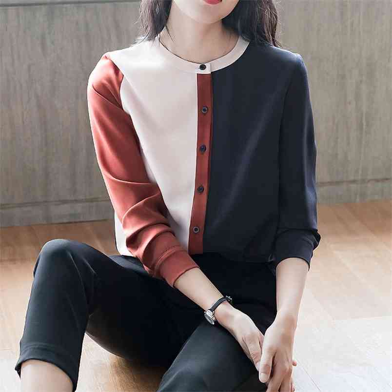 Spring Summer Office Lady Shirts Long Sleeve Patchwork Chiffon Shirt All-matched Casual Ladies Tops Women Blouses D194 210512