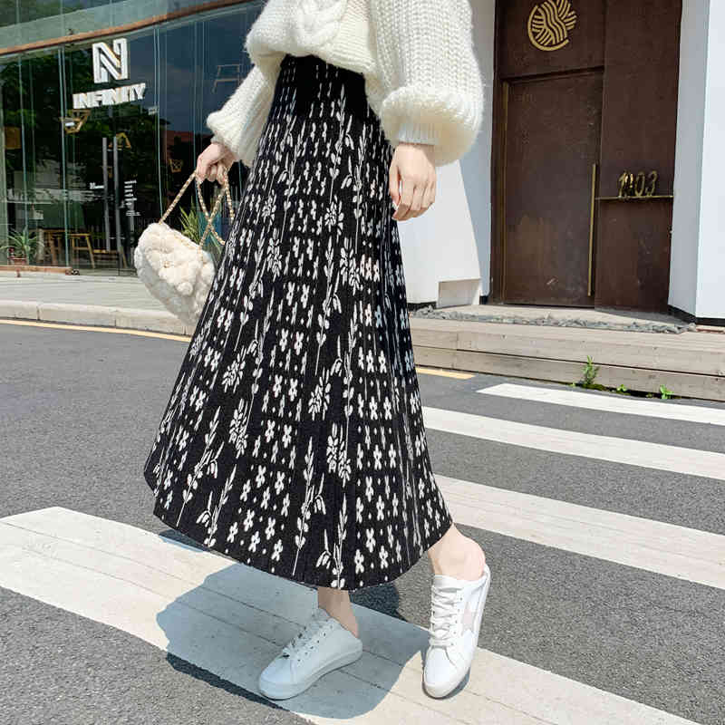 Elegant Pleated Knitted Warm Skirt Women Autumn Winter Korean Printing High Waist Female Ladies Faldas 210520