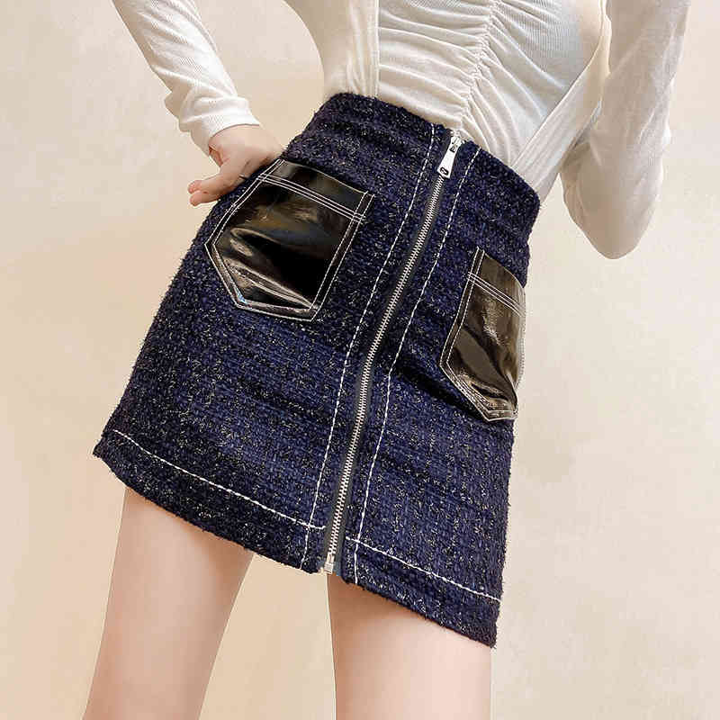 Nomikuma High Waist Woolen Mini Skirts Spring New Zipper Slim Sexy Women Skirt Causal Pockets Patchwork Faldas Mujer 6E476 210427