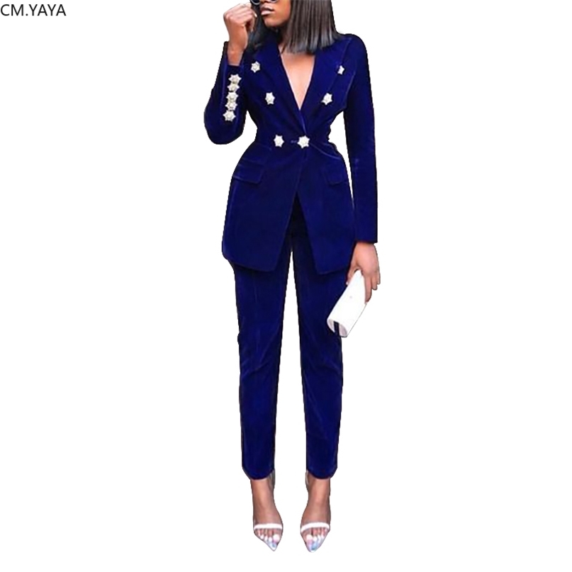 Autumn Winter Tracksuit Notched Full Sleeve Blazers Pants Suit Two Piece Casual Office Lady Outfit Solid Women Set Uniform 1230 211105