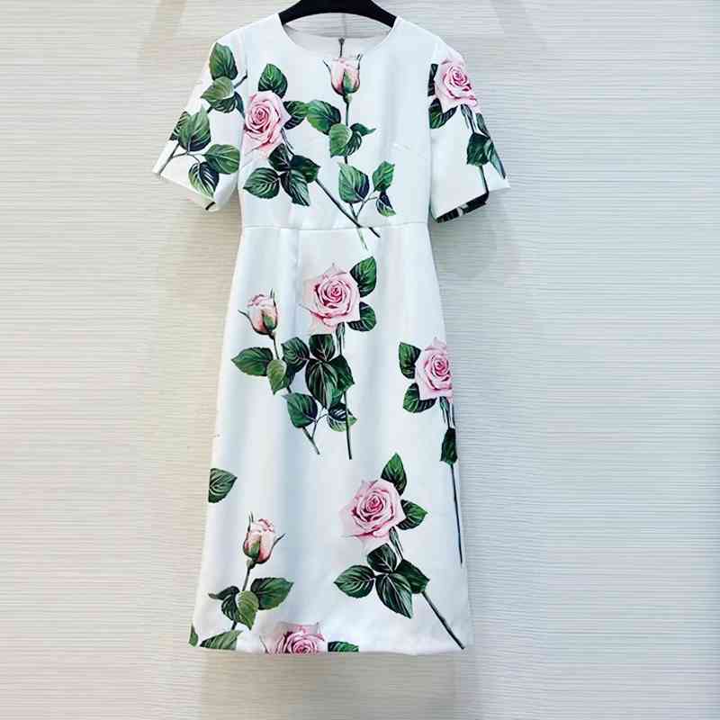 Runway Custom Summer Party Midi Dresses Women's Fashion ONeck Short Sleeve Rose Flower Print White Office Elegant Dress 210421