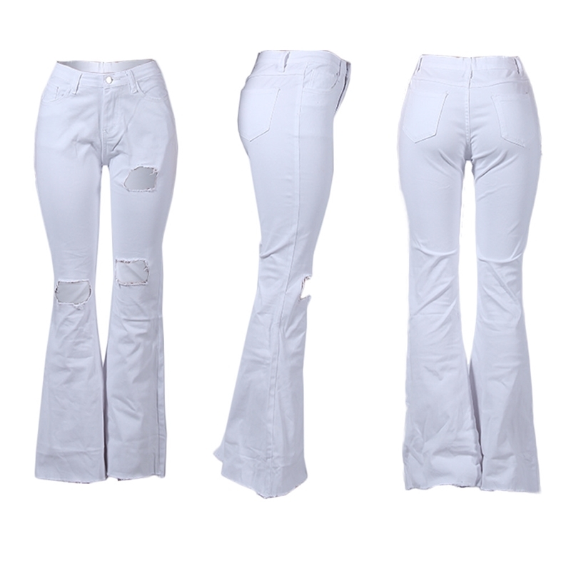 Summer Women's Pants White High Waist Female Denim Bell Bottom Casual Ripped Jeans For Women Mom Jeans Flare Skinny Jeans Woman 210616