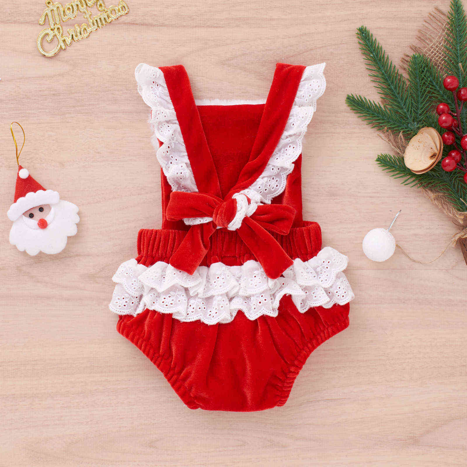 Ma&Baby 0-12M Christmas Infant born Baby Girls Romper Xmas Costumes Lace Ruffles Santa Jumpsuit Overalls Year Clothes D84 211101