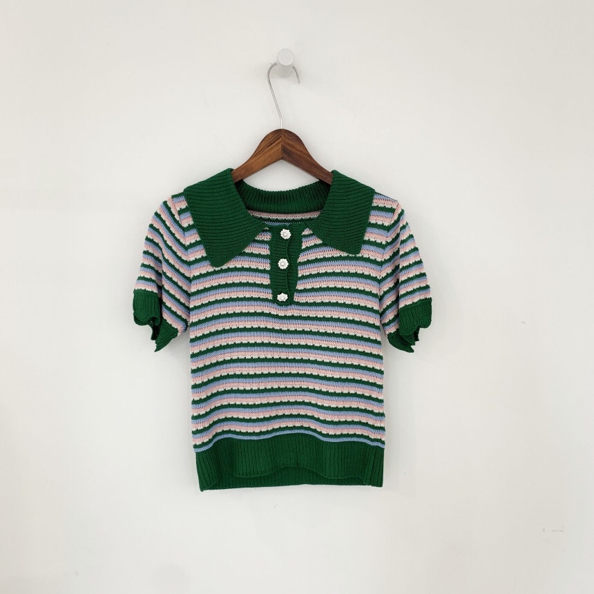 Summer Striped Knitted Sweater Knitwear Women Short Sleeve Turn-down Collar Buttons Pullover Tops Korean Vintage Fashion Jumpers 210514