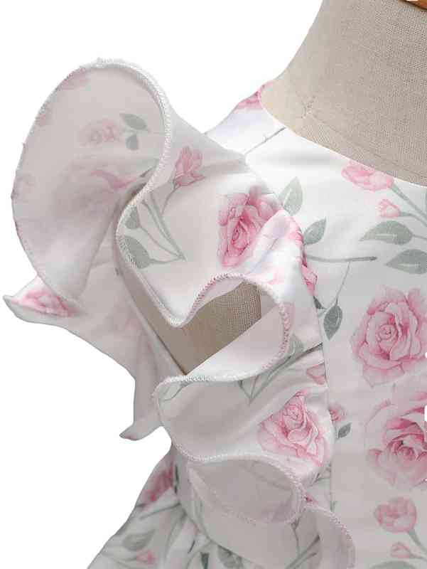 Baby Floral Print Butterfly Sleeve Ruffle Hem Satin Gown Dress SHE