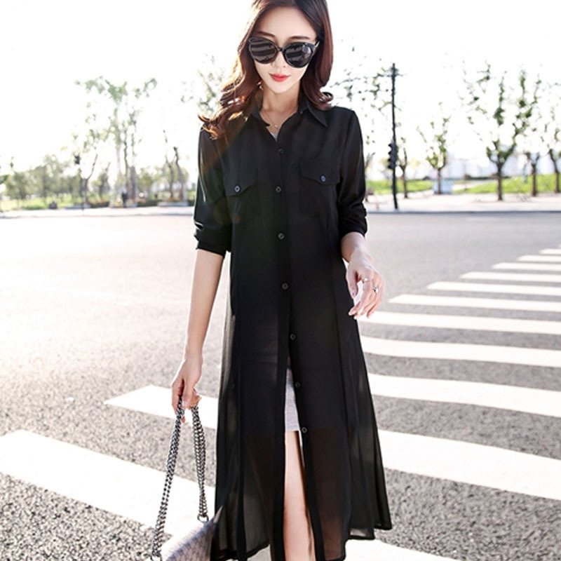 Summer Female Long Sleeve Cardigan shirt chiffon blouse Casual Shirt Women Black White Red Green 3552 210427