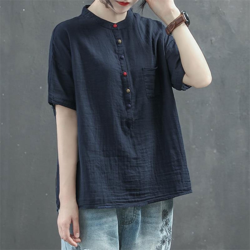 Summer Style Women Shirt Plus Size Short Sleeve Loose Casual Ladies Tops stand collar Button vintage cotton linen Blouse D140 210512