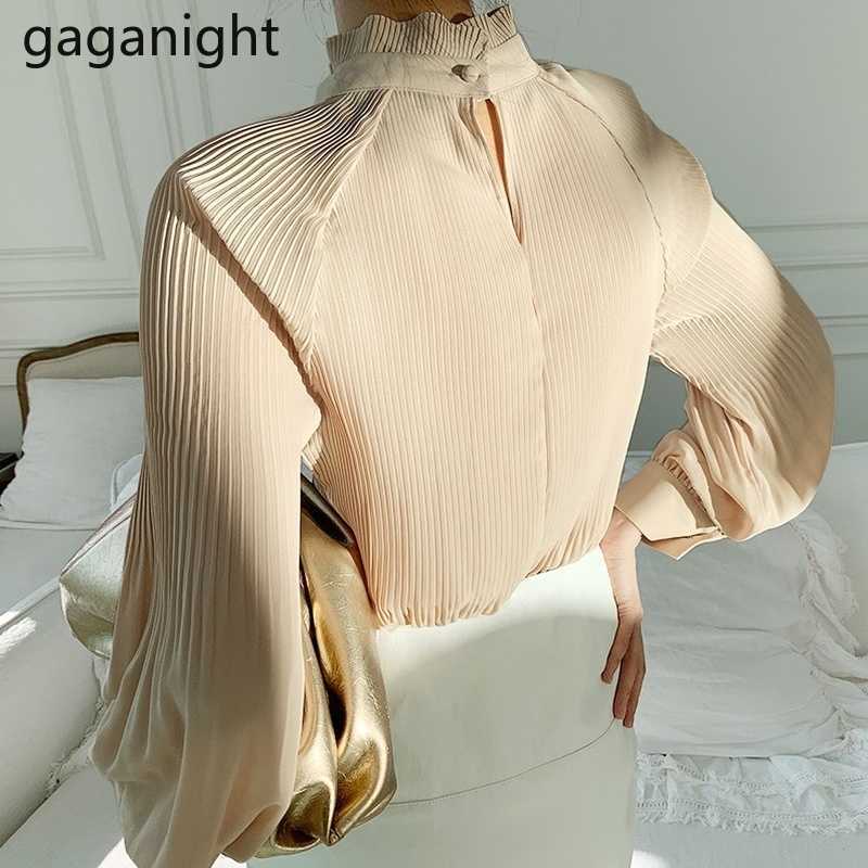 Korean Elegant Ruched Women Blouse Fashion Raglan Sleeve Stand Collar Shirt Spring Autumn Office Lady Loose Blusas 210601