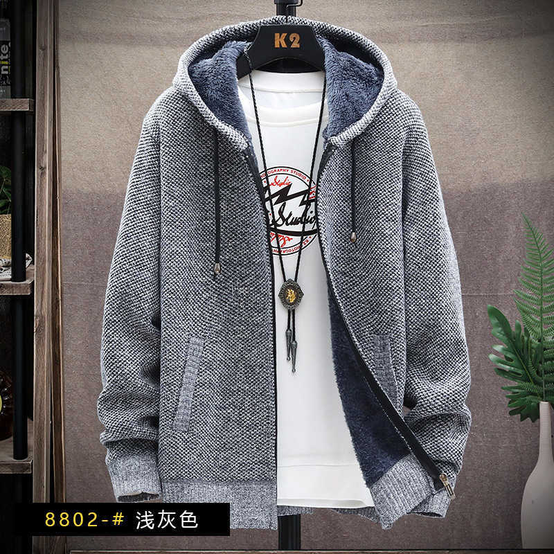 Fall and winter warm hooded sweater plus plush thickened sweater zipper cardigan thick casual jacket men's clothing 210929