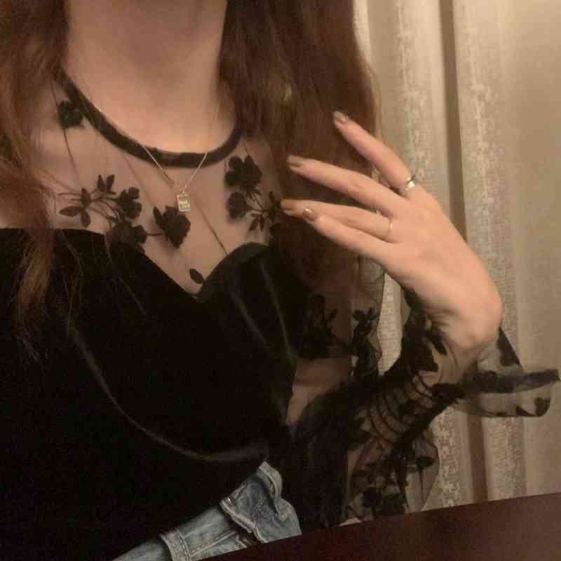 Vintage Loose Shirt Mesh Lace Women Korean Long Sleeve Blouse Sexy Elegant Top Female Blusas Mujer 13820 210427