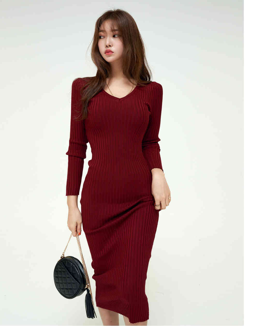 Women Autumn Winter Knitted Dress V Neck Sexy Slim Elastic Bodycon Long knit Warm Sweater es Vestidos 210519