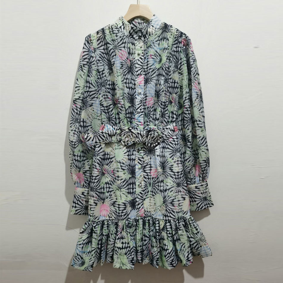 Free Women Ruffle Printed Mini Dress Stand Collar Lantern Sleeve Single Breasted High Waist Belt Bodycon 210524