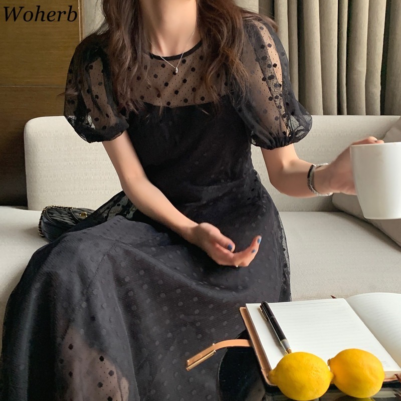 Vintage Dress Women O Neck Polka Dot Gauze Puff Sleeve Vestidos Temperament Slim Black Maxi Dresses Summer Elegant Robe 210519