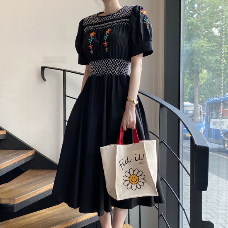 Summer Sweet O-Neck Floral Embroidery Party Dress Korean Elegant Vintage High Waist Chic Long Dress Vestidos 210518