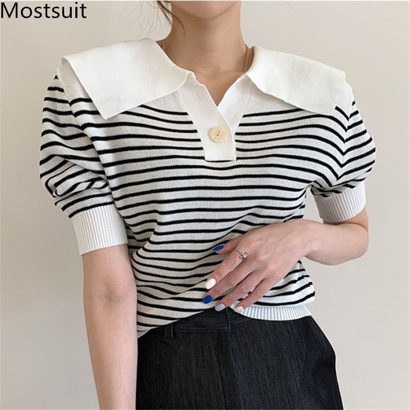 Summer Striped Knitted Tshirt Tops Women Short Sleeve Sailor Collar Casual Fashion Tees Pullover Korean Ladies T-shirt 210514