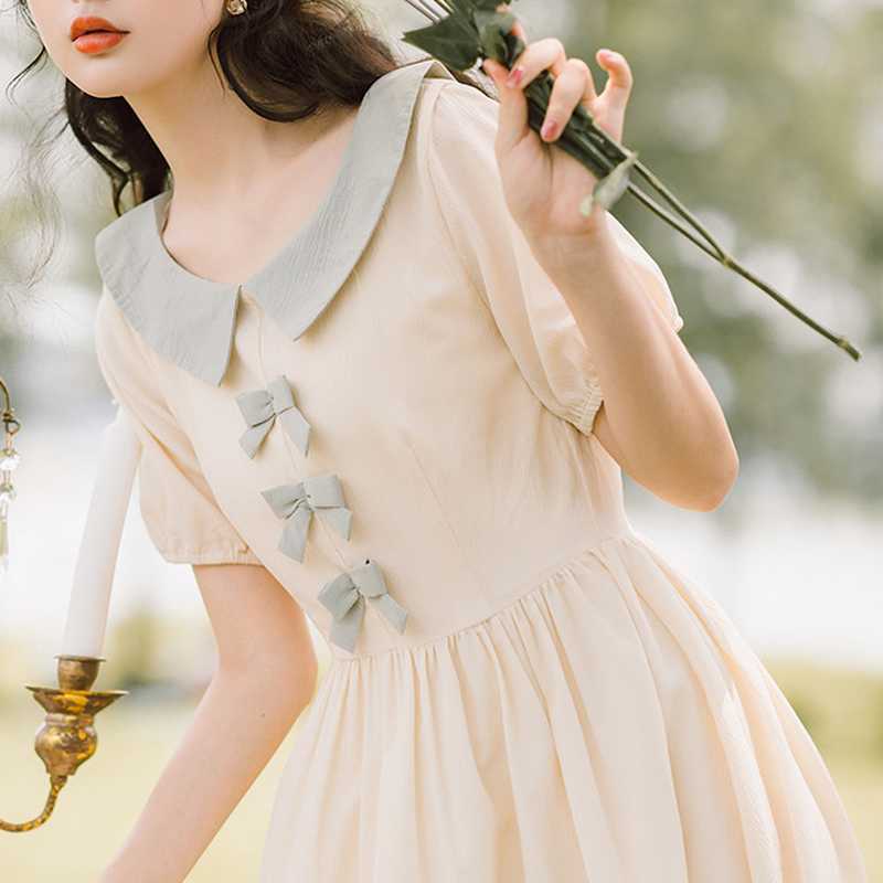 Summer Sweet Preppy Style Dresses for Women Bow Decoration Peter Pan Collar Elegant Fresh Silm Waist Vestidos 210525
