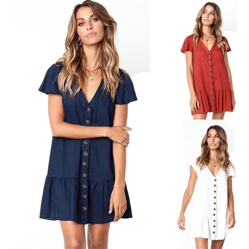Pleated Ruffle Female Sundress Women Summer Dress Sexy V Neck Linen Buttons Short Mini Vestidos A Line Loose Casual Dresses 210409