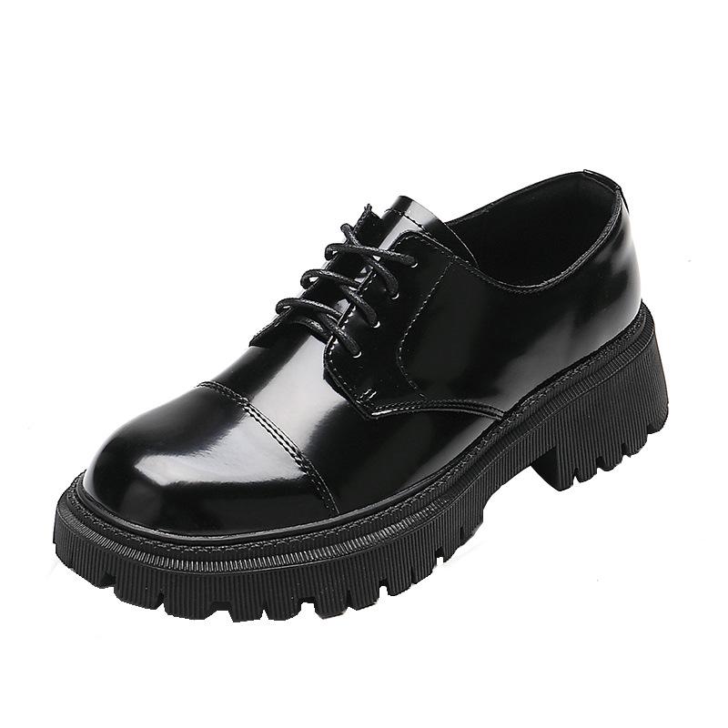 Dress Shoes Leather Women 2022 Spring And Autumn Black Thick Soled British Style Leffer Heel Lace JK