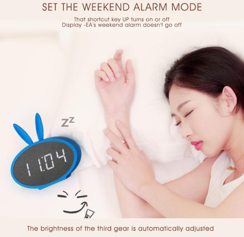 Cartoon Bunny Ears LED Wooden Digital Alarm Clock Voice Control Thermometer Display Blue