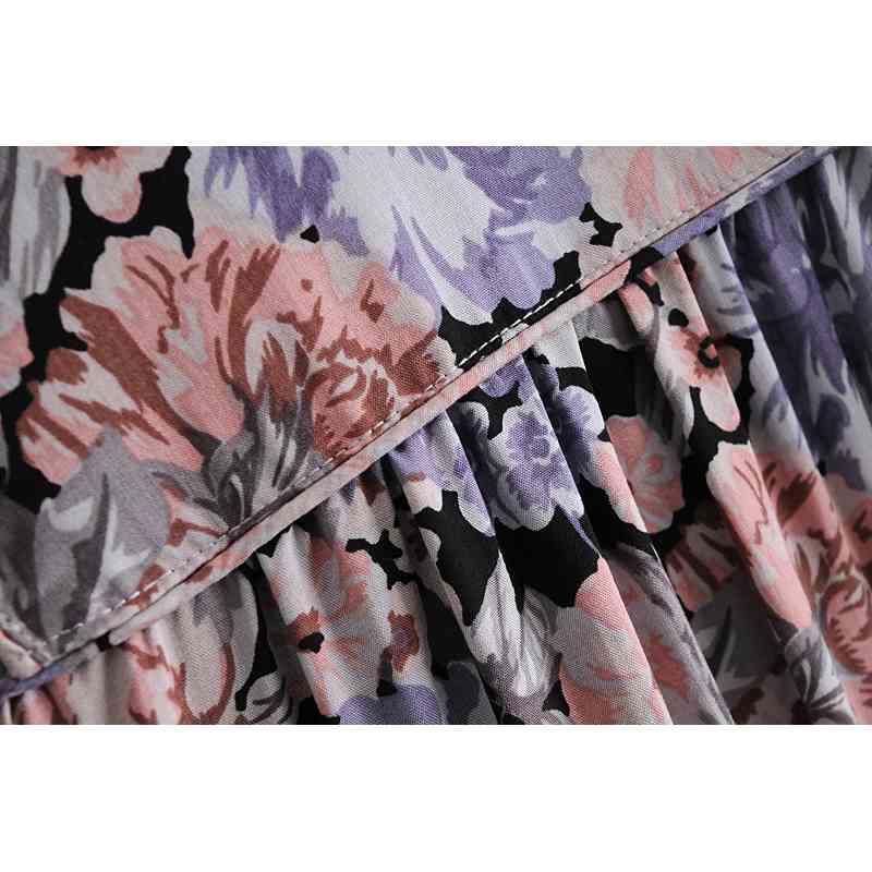 BOHO Lacing up V neck Purple Floral Print Maxi Long Cotton Dress Ethnic Woman Bandage Sleeve Dresses Holiday Vestido 210429