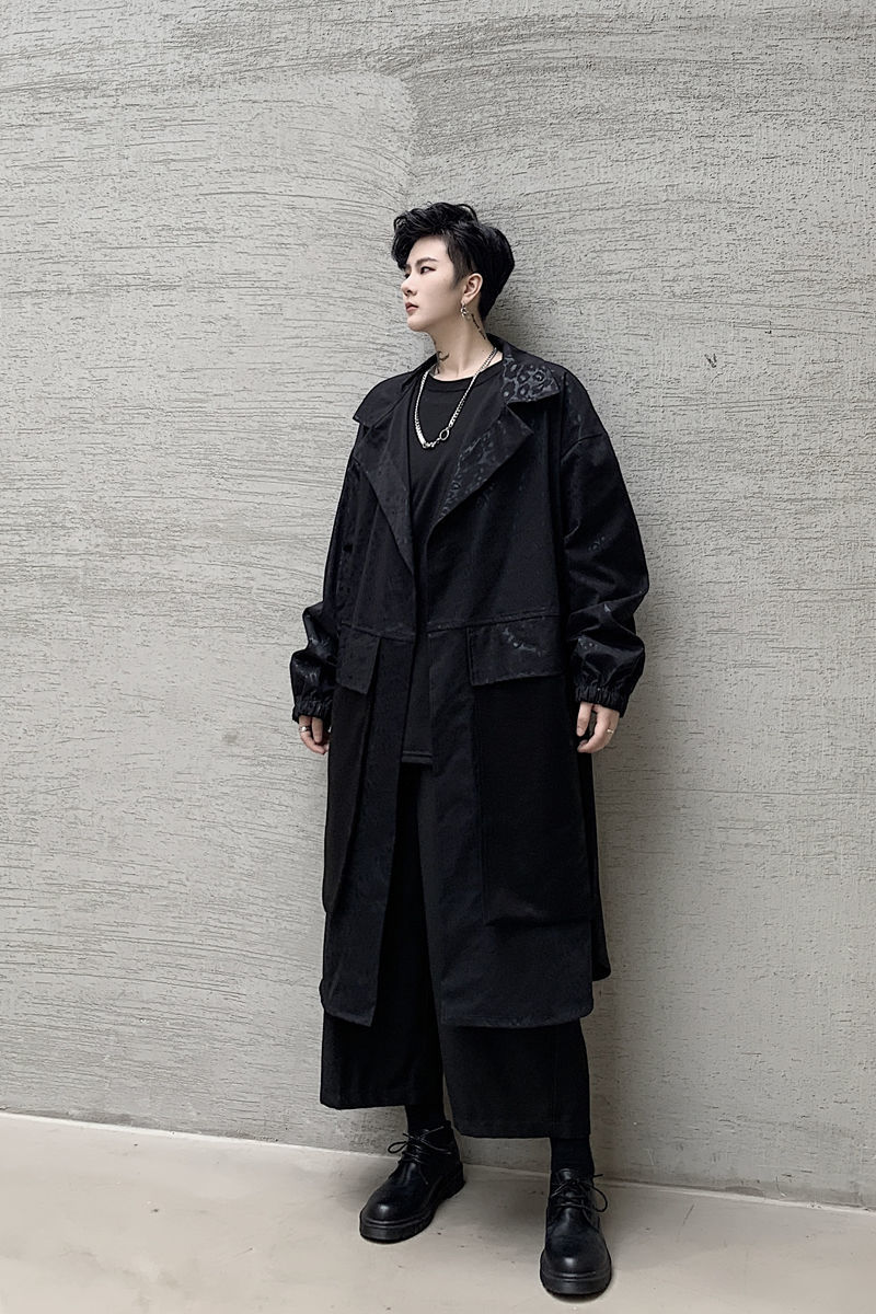 IEFB /men's wear mid-length windbreaker coat springlapel Jacquard fabric pattern split big pocket trech coat 9Y3965 210524