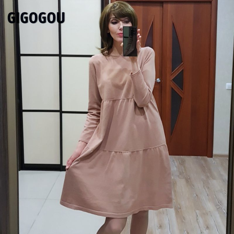 GIGOGOU Oversized Women Sweater Dress Autumn Winter Casual Loose Jumper Top Knitted Pullover Straight Dresses Tunic Tops 210409
