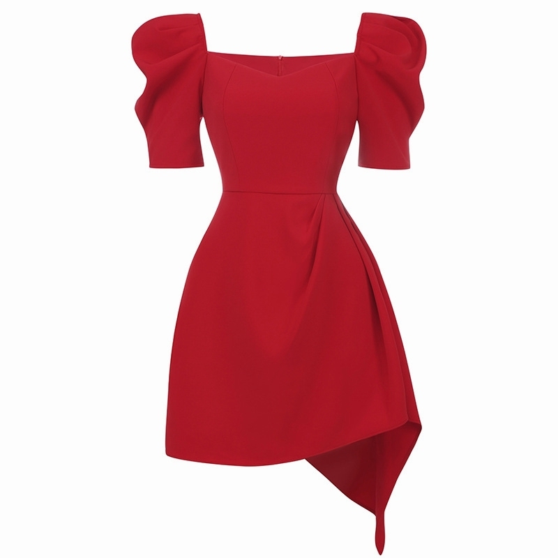 Sexy Asymmetry Women Puffed Sleeves Dress Square Neck Slim Waist Party Dresses Summer Vintage Elegant 210520