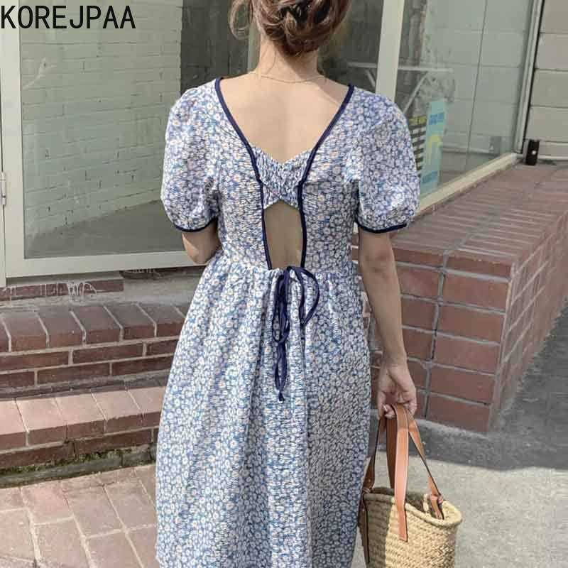 Korejpaa Women Dress Summer Temperament Square Collar Hollow Open Back Lace-up Waist Floral Textured Puff Sleeve Vestidos 210526, Blue
Korejpaa Women Dress Summer Temperament Square Collar Hollow Open Back Lace-up Waist Floral Textured Puff Sleeve Vestidos 210526, Blue