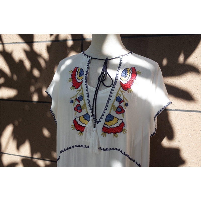 Embroidery Cotton Beach Cover up Tunic for Bathing suit Women Sarong Pareo Swim Dress #Q582 210420