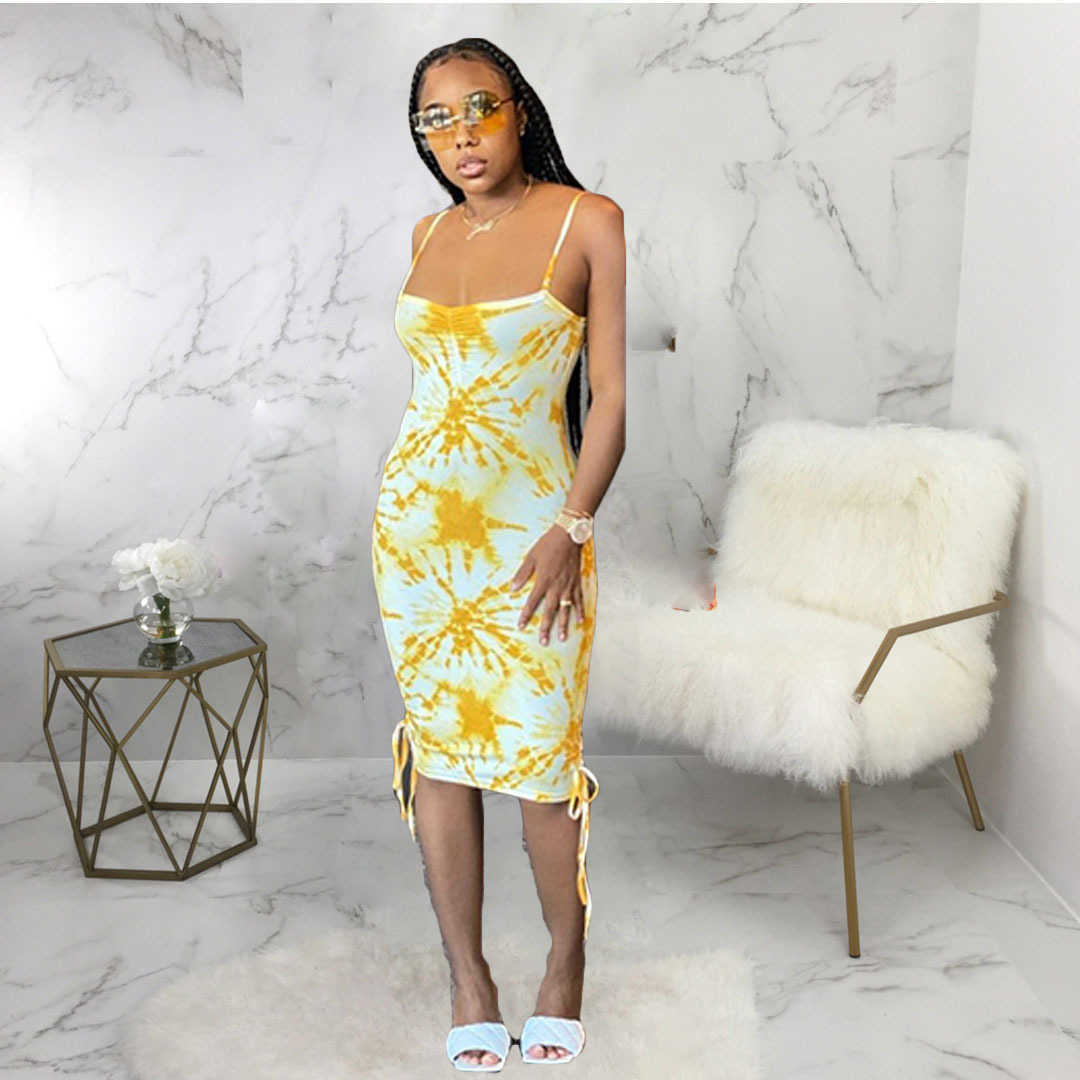 Women Spaghetti Strap Tie Dye Printed Pleated Bodycon Mini Dress 210702