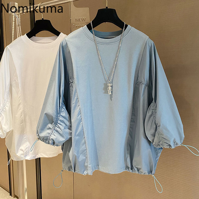 Nomikuma Blouse Women Korean Drawstring 3/4 Sleeve Shirt Causal O-neck Solid Blusas Mujer De Moda Verano Elegantes 6G816 210427