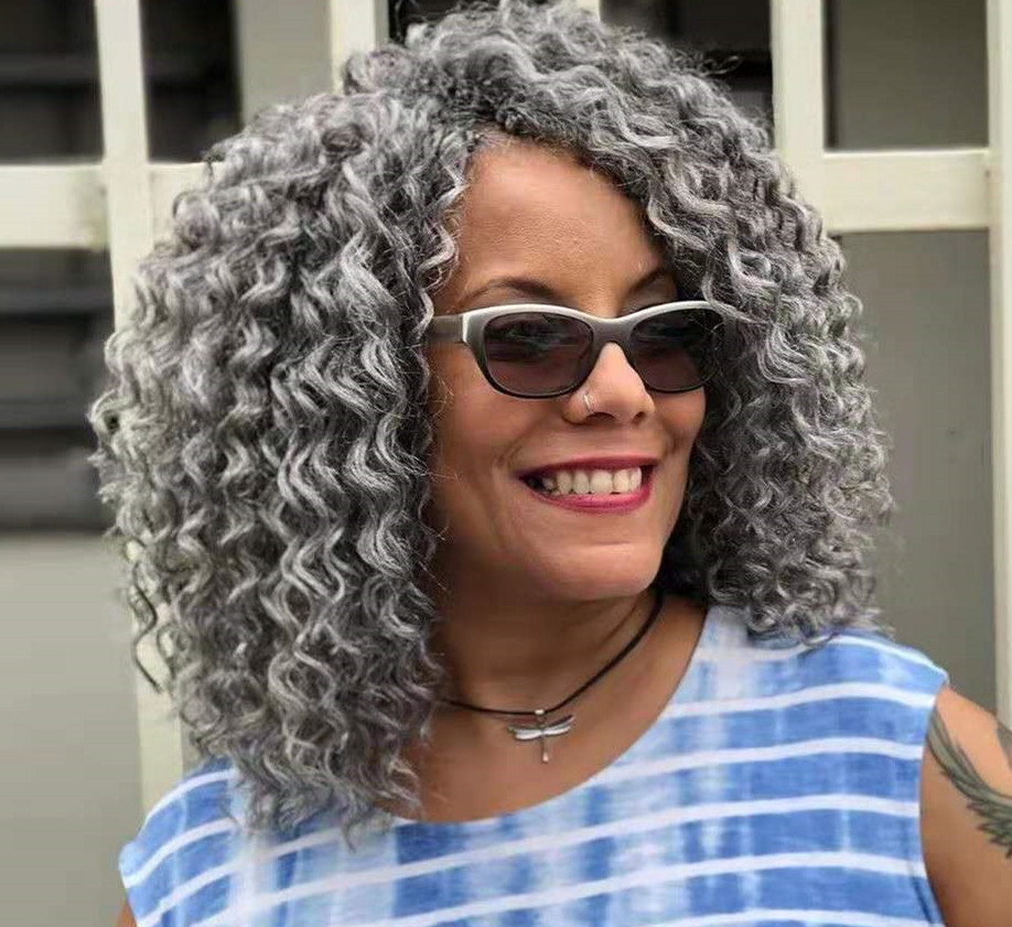 Brazilian remy kinky Curly gray ponytail hairpiece silver greys crochet braids African american drawstring Clip in grey hair extension 120g 140g
