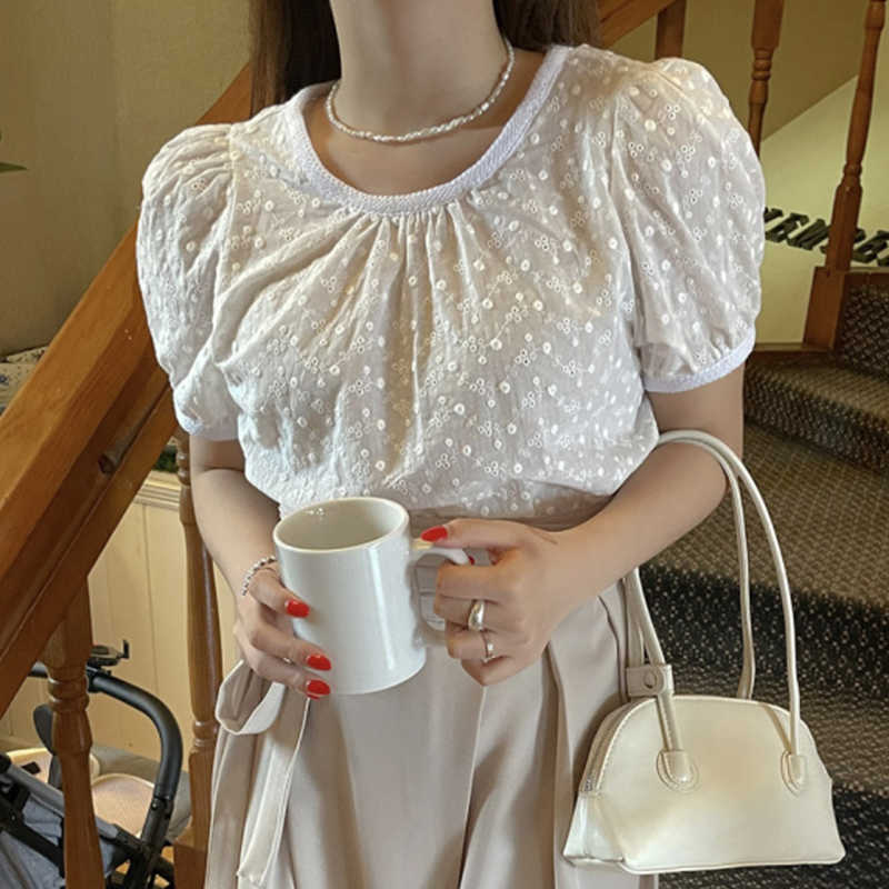 Korejpaa Women Shirt Summer Korean Retro Round Neck Trim Contrast Color Hollow Jacquard Loose All-Match Puff Sleeve Blouses 210526