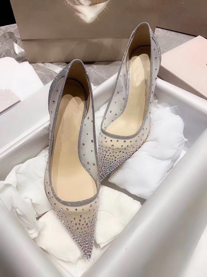Dress Shoes Mesh Rhinestone Female 2021 Summer Colorful Crystals Low-Cut Pointed-Toe Stilettos Super High Heel Women's
