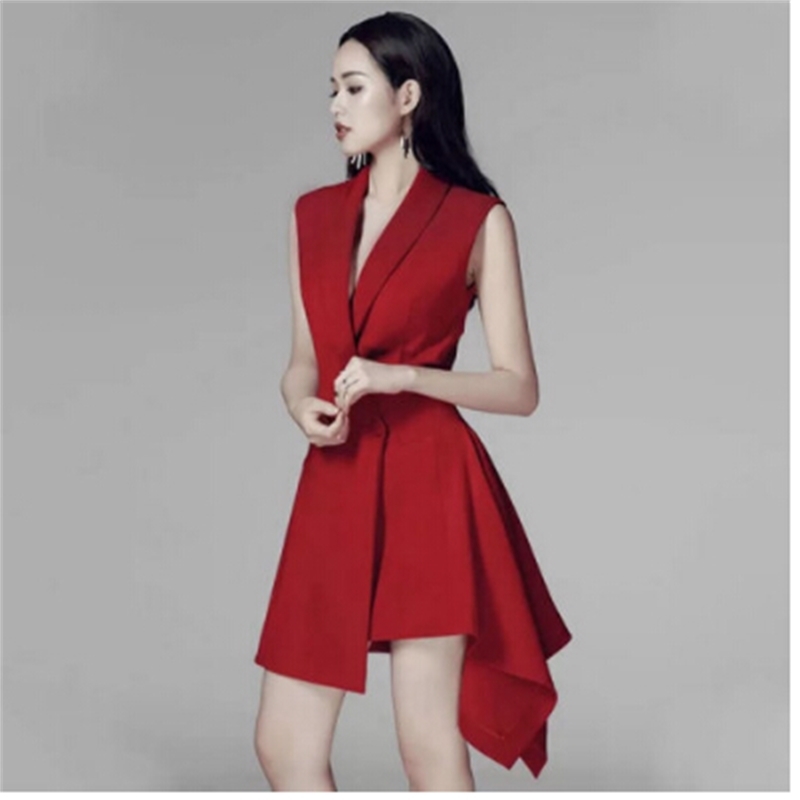 Elegant Notched Neck Double Breasted Women Blazer Dress OL Style High Waist Red Vestidos Femme 210520