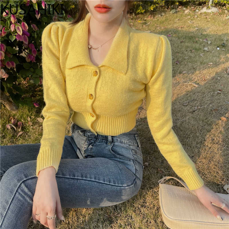 Sweater Puff Sleeve Turn-down Colalr Knitted Cardigan Korean Solid Slim Single Breasted Knitwear Tops 6E966 210603, Yellow
Sweater Puff Sleeve Turn-down Colalr Knitted Cardigan Korean Solid Slim Single Breasted Knitwear Tops 6E966 210603, Yellow