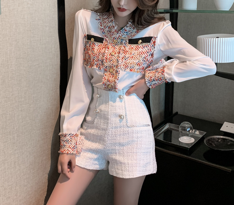 Spring Women 2 Piece Set Sexy V-Neck Tweed Hit Color Patchwork Blouse Tops And White Short Pants Suit 210518