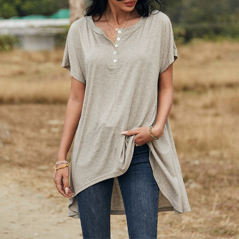 Women styled shir O-neck buons shor sleeve mid-long pullovers shir fron shor back long summer ops 210524, Khaki
Women styled shir O-neck buons shor sleeve mid-long pullovers shir fron shor back long summer ops 210524, Khaki
