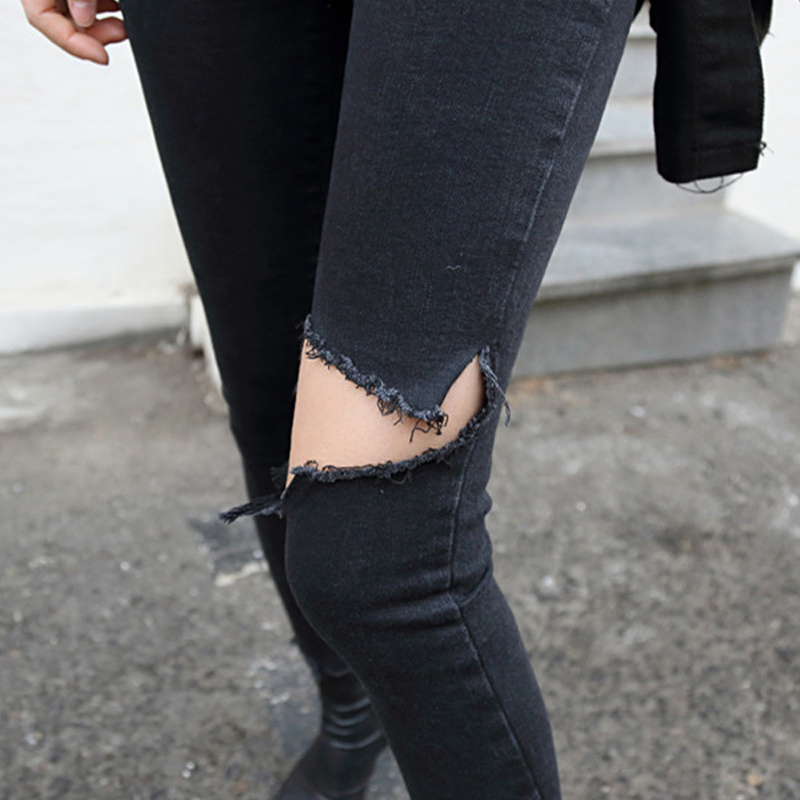 Black Ripped Holes High Waist Spring Summer Stretch Denim Pants Women Skinny Capris Female Pencil Jeans 10399 210417