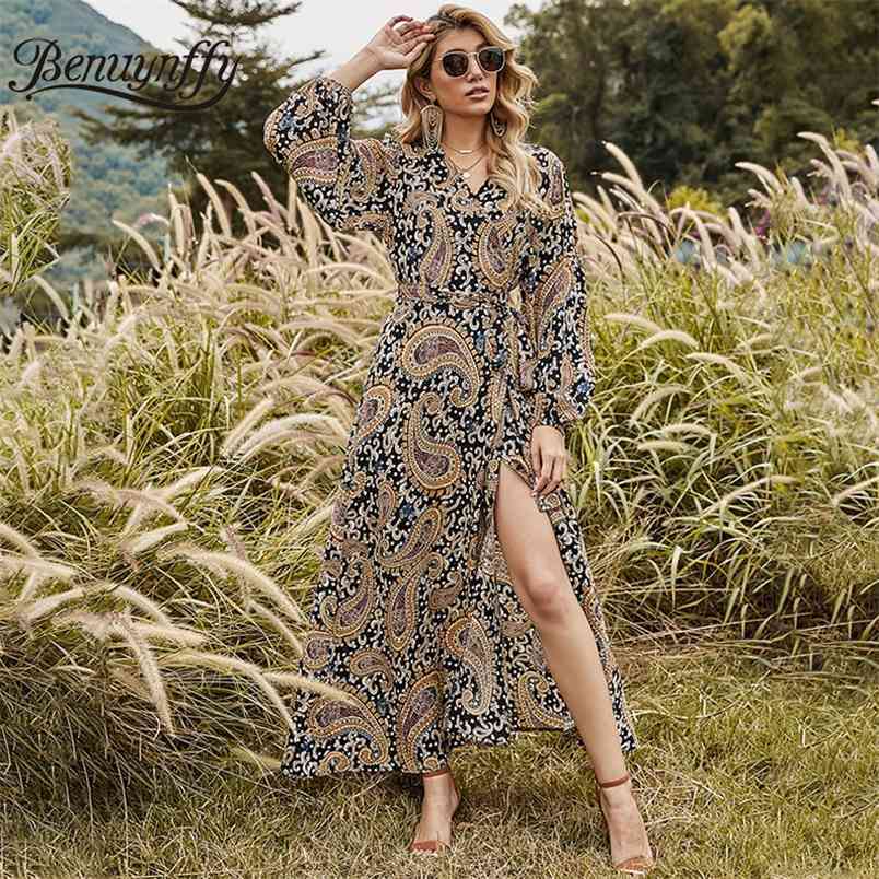 Surplice Neck Paisley Print Belted Wrap Long Maxi Dresses Women Spring Vacation Sleeve Elegant A-Line Dress 210510